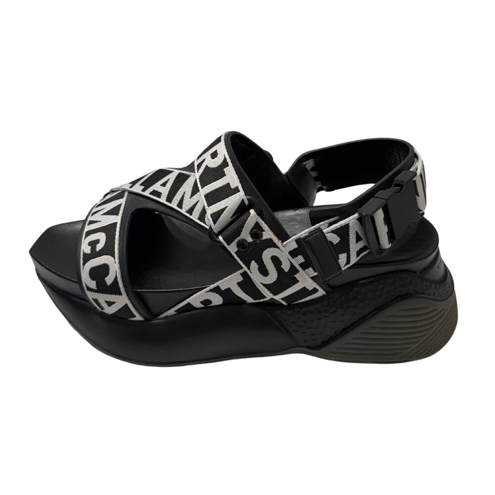 $590 Stella McCartney black + white eclypse logo sandals size 10 / eu 40
